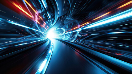 Dynamic and futuristic background with orange and blue glowing neon waves, data technology