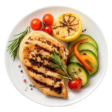 Healthy dinner, Grilled Chicken Breast with Steamed Vegetables, isolated on transparent background