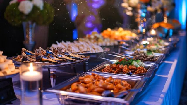 mouth watering indoor catering buffet a variety of delicious dishes. Seamless looping time-lapse virtual video animation background 
