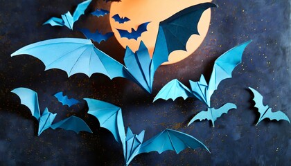 halloween image of blue paper bats flying up on dark blue background - obrazy, fototapety, plakaty