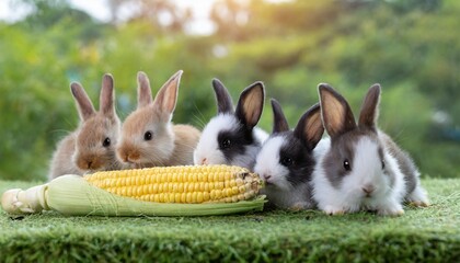 group of adorable rabbit furry bunny hungry eating organic fresh baby corn sitting together green grass over bokeh nature background family baby rabbit brown bunny eating baby corn easter animal pet