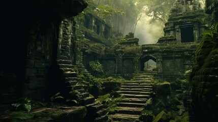 Ruins of an old lost city in the middle of the jungle. Ancient world concept. Architecture of past centuries. Nature has defeated civilization. Historical archaeological find. Green buildings. - obrazy, fototapety, plakaty