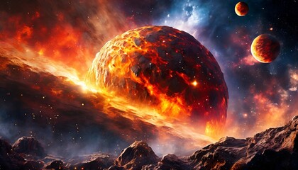 fantasy landscape of fiery planet with glowing stars nebulae massive clouds and falling asteroids digital artwork graphic astrology magic mystical burning planet in space with asteroids - obrazy, fototapety, plakaty