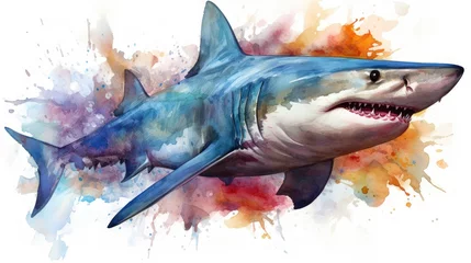 Zelfklevend Fotobehang Watercolor painting illustration of colorful Shark on white background. Generative AI © wikkie