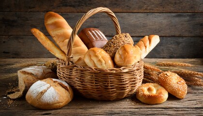 variety of bread in wicker basket on old wooden background