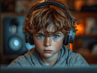 Ein konzentrierter Junge mit lockigem Haar und Sommersprossen trägt Kopfhörer und blickt ernst auf einen Bildschirm, umgeben von moderner Technik und Lautsprechern in einem dunkel beleuchteten Raum. - obrazy, fototapety, plakaty