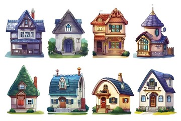 Image set of beautiful residential houses, anime style, warmth, white background, illustrations, Generative AI