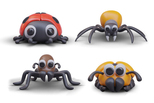 Set of vector insects with cute faces. 3D ladybug, spider, ant, beetle. Colored creatures, front view. Templates for choosing character. Children zoology