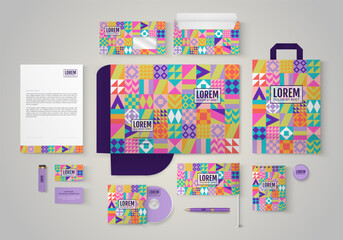 Stationery template design with multicolored pattern. Set of business corporate identity mock up. Documentation for business.
