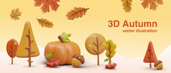 Creative horizontal autumn concept in plasticine style. 3D yellowed trees, leaves, berries, acorns. Place for ad text, header, link button. Cute seasonal web design