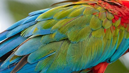 close up of macaw wing feathers caribbean - obrazy, fototapety, plakaty