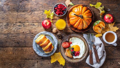 thanksgiving brunch autumn family breakfast or brunch set served on rustic wooden table overhead view copy space