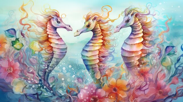 Colorful seahorses on a light background. Generative AI