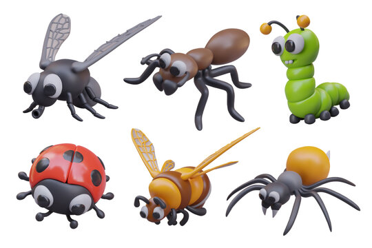 Realistic insect flying, brown ant, green centipede, ladybird with red wings, striped insect wasp, and spider with yellow body. Vector illustration in 3d style