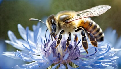 honeybee and blue flower - obrazy, fototapety, plakaty