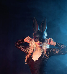 sexy portrait of a bunny girl. a girl with white hair wearing a black hare mask.