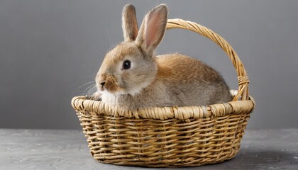 easter bunny rabbit in basket on gray background