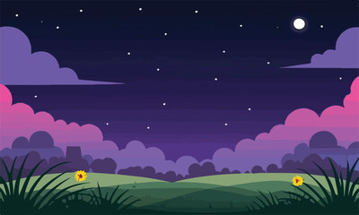 Blank meadow landscape scene at night time, illustration