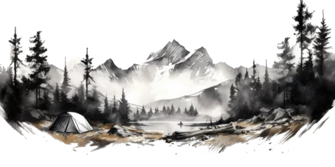 Fotobehang Black and white watercolor painting of a tent view under the mountains isolated on transparent background. Watercolor camping hand drawn  © Neda Asyasi
