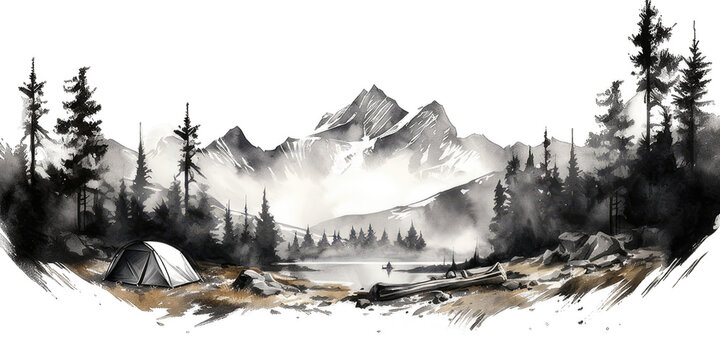 Black and white watercolor painting of a tent view under the mountains isolated on transparent background. Watercolor camping hand drawn 