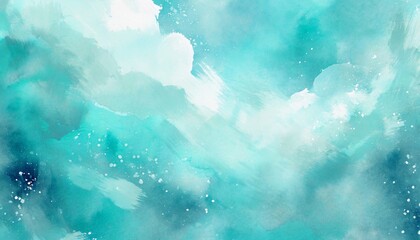 Fototapeta na wymiar blue turquoise teal mint cyan white abstract watercolor colorful art background light pastel brush splash daub stain grunge like a dramatic sky with clouds or snow storm cold wind frost winter