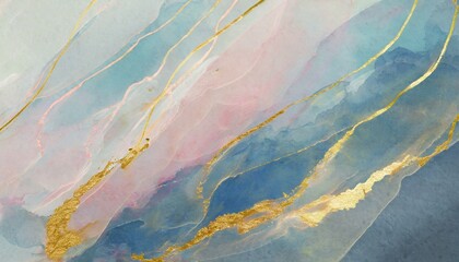 abstract watercolor paint background soft pastel pink blue color and golden lines with liquid fluid marbled paper texture banner texture