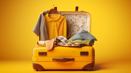 Wanderlust Dreams: Packed Suitcase with Travel Essentials on Vibrant Yellow Background, Ready for Adventure and Holiday Getaway Planning.