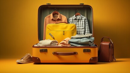 Wanderlust Dreams: Packed Suitcase with Travel Essentials on Vibrant Yellow Background, Ready for Adventure and Holiday Getaway Planning.