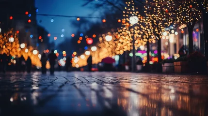 Foto op Canvas Bokeh background for a web banner, highlighting a festive city street adorned with colorful lights during a celebration © anupdebnath