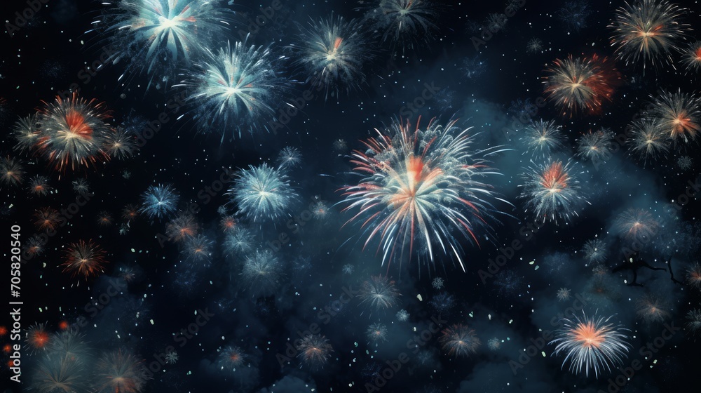 Poster fireworks in the night sky beautiful colorful explosions generative ai