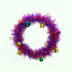 Vibrant purple Christmas wreath with decorative bells and balls isolated on white background. 3d illustratiom