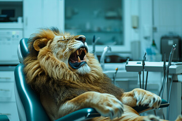 
creative advertising for a dental clinic. lion at the dentist - obrazy, fototapety, plakaty