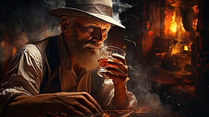 man drinks whiskey and smokes a cigar