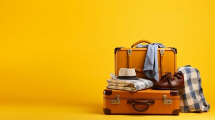 Wanderlust Dreams: Packed Suitcase with Travel Essentials on Vibrant Yellow Background, Ready for Adventure and Holiday Getaway Planning.