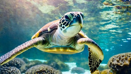 portrait of a happy sea turtle swimming underwater generative ai - obrazy, fototapety, plakaty