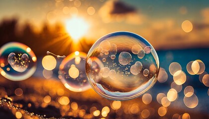 soap bubbles into the sunset with beautiful bokeh close up - obrazy, fototapety, plakaty