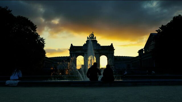 Bruxelles Belgium Medieval Town old city Brussels Europe capital. Art and culture. Tourists from the world. Ancient medieval architecture gothic with towers buildings, cobbled Cinquantenaire Park