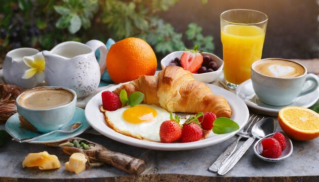 breakfast with fried eggs coffee juice croissant and fruits