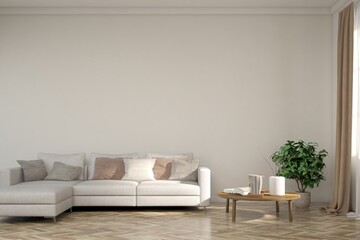 Fototapeta na wymiar Modern minimalist interior with sofa on empty white color wall background. Interior mockup. Scandinavian interior design. 3D illustration