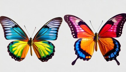 set two beautiful colorful bright multicolored tropical butterflies with wings spread and in flight on white background close up macro