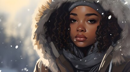 Attractive Black Woman Standing Outside On A Snowy Day - obrazy, fototapety, plakaty