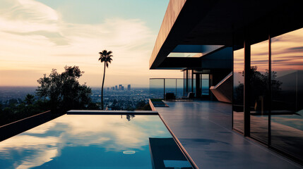 luxury hilltop house with city skyline at sunset with an underlit pool