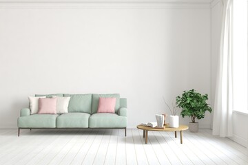 White living room with sofa. Scandinavian interior design. 3D illustration
