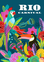 Template with flowers, fruits, birds, musical instruments. Brazil carnival. Vector design for carnival concept and other - 705822152