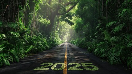 new year concet, "2025" symbolizes the start of the new year. start new year 2025 on the road in the nature route roadway have tree environment ecology or greenery wallpaper concept, generative ai