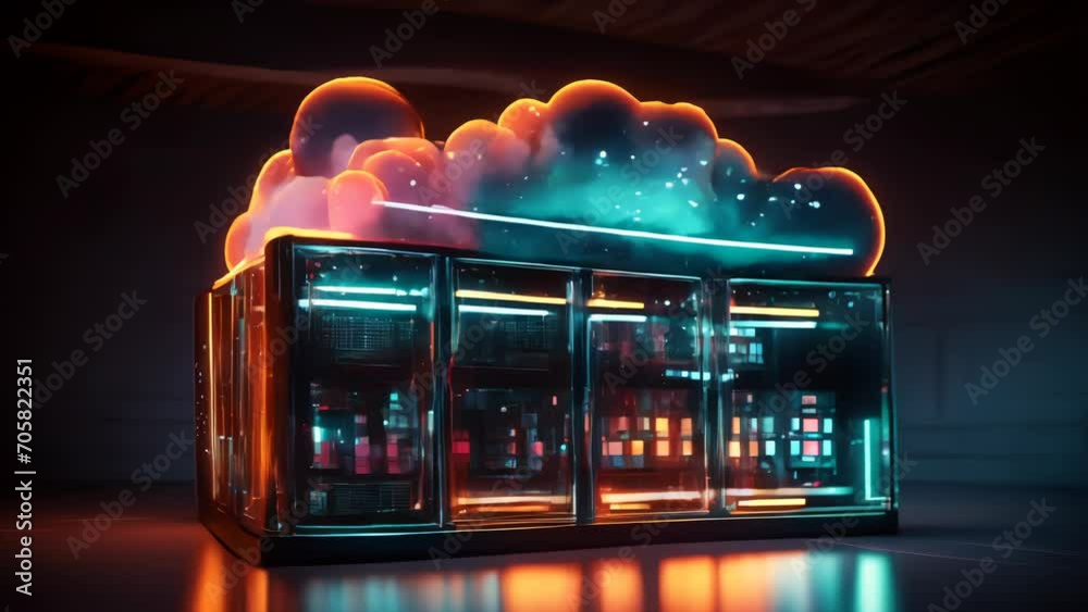 Poster conceptual animation visualization of cloud computing with neon cloud design and server rack, highli