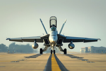 avion de chasse militaire F-18 de face sur la piste au moment du décollage