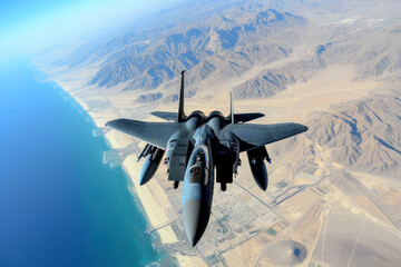 avion de chasse militaire F-15 en vol - obrazy, fototapety, plakaty