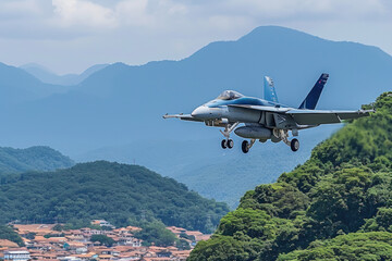 Fototapeta na wymiar avion de chasse militaire F-18 juste avant l'atterrissage