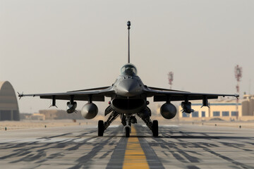 avion de chasse militaire F-16 de face sur la piste au moment du décollage